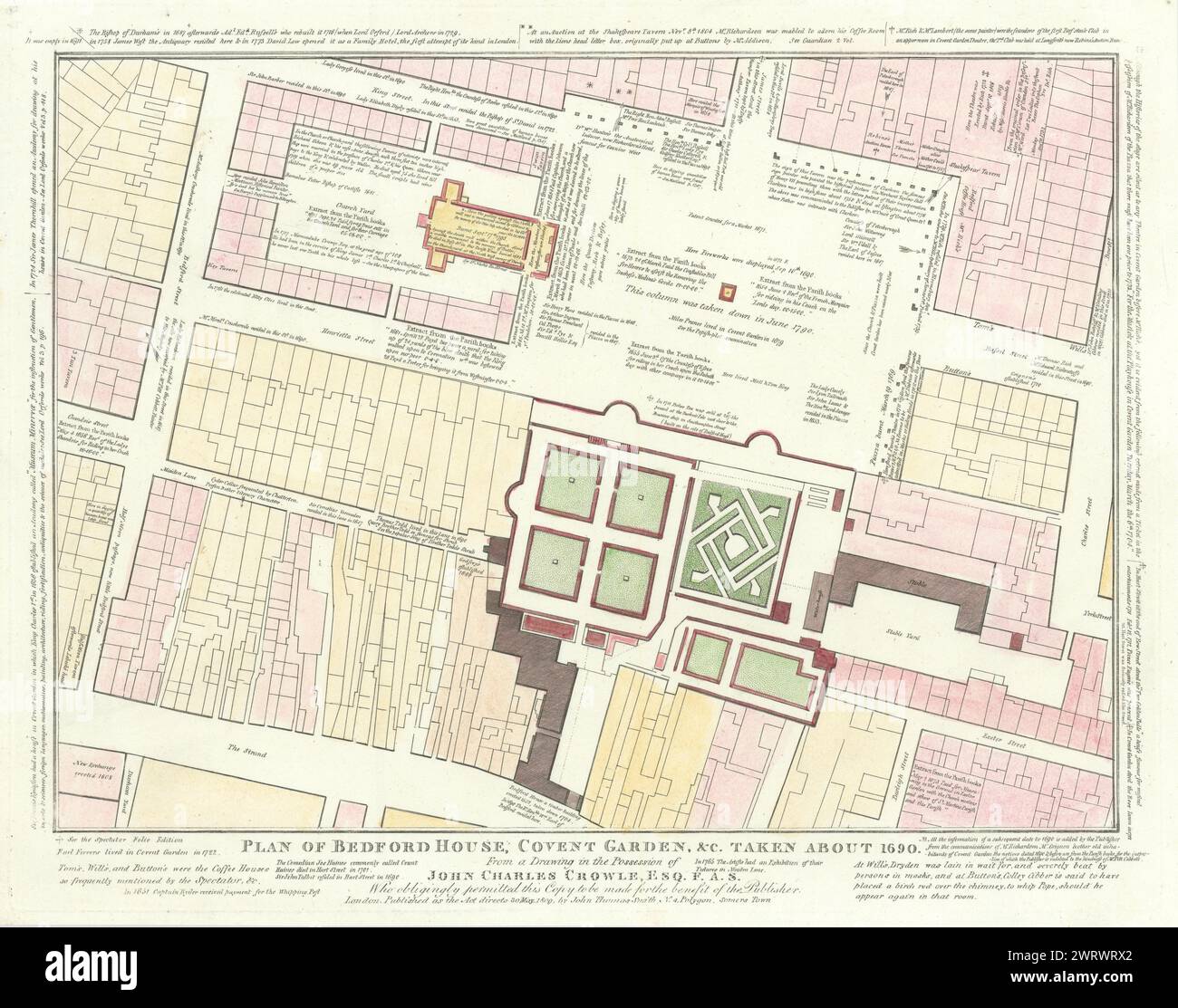 Piano di Covent Garden Piazza e Bedford House nel 1690. J.T. SMITH 1809 vecchia mappa Foto Stock