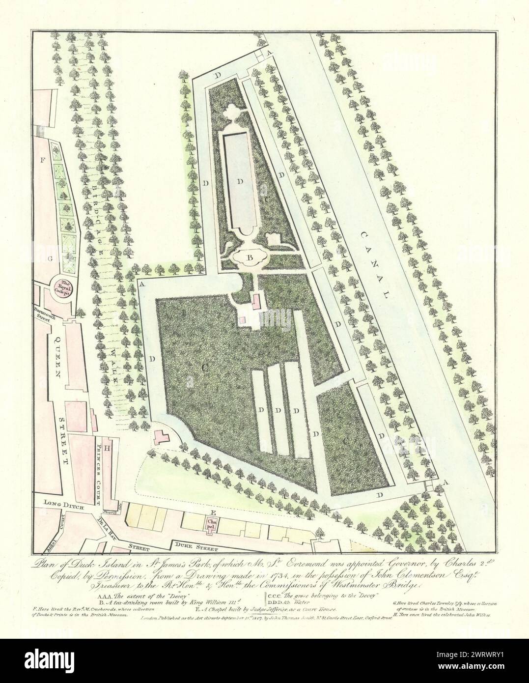 Piano di Duck Island a St James's Park nel 1734. J.T. SMITH 1807 vecchia mappa Foto Stock