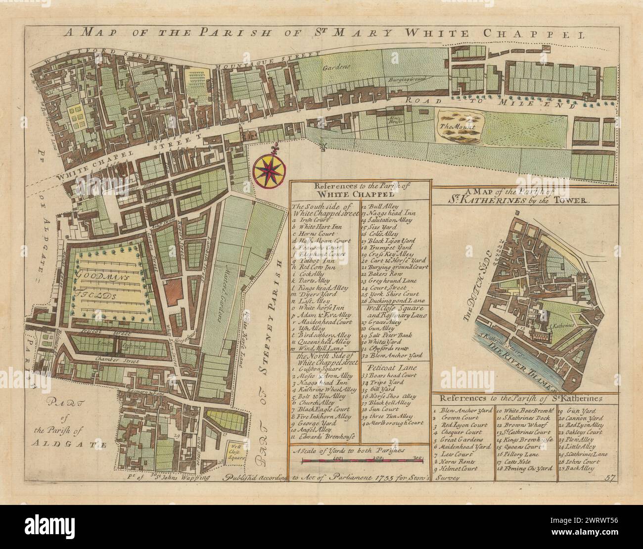 Parrocchie di St Mary, Whitechapel e St Katherine's/Tower. Mappa STIVAGGIO/STRYPE 1755 Foto Stock