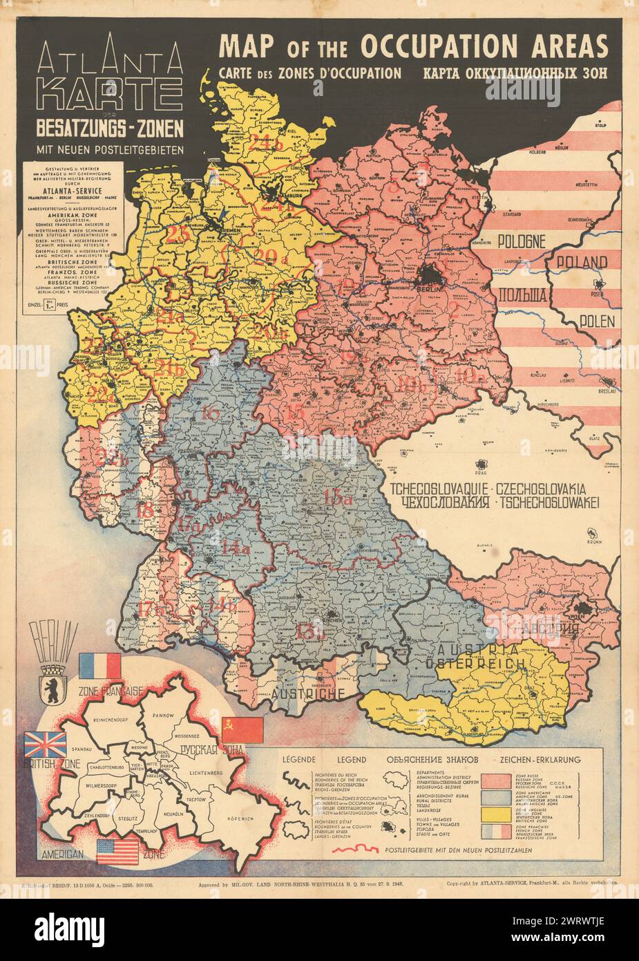 Atlanta, Karte der Besatzungs-Zonen. Mappa delle zone di occupazione della Germania 1946 Foto Stock