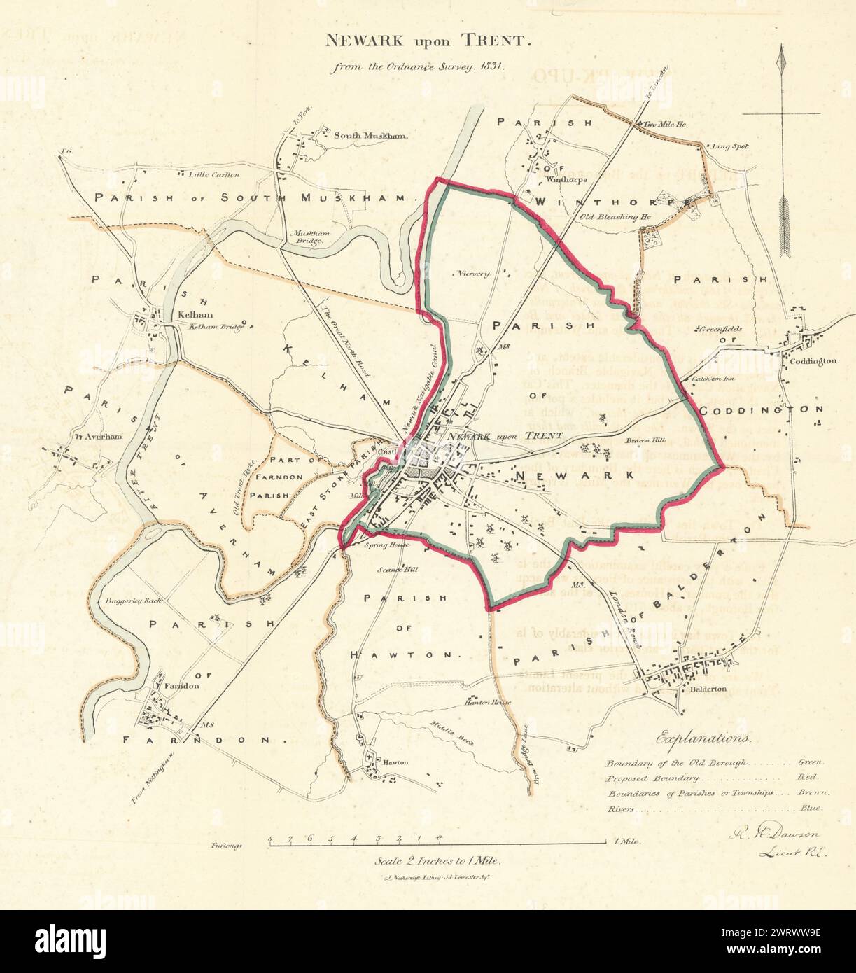 NEWARK Upon Trent borough/piano urbanistico. REFORM ACT Nottinghamshire DAWSON 1832 mappa Foto Stock