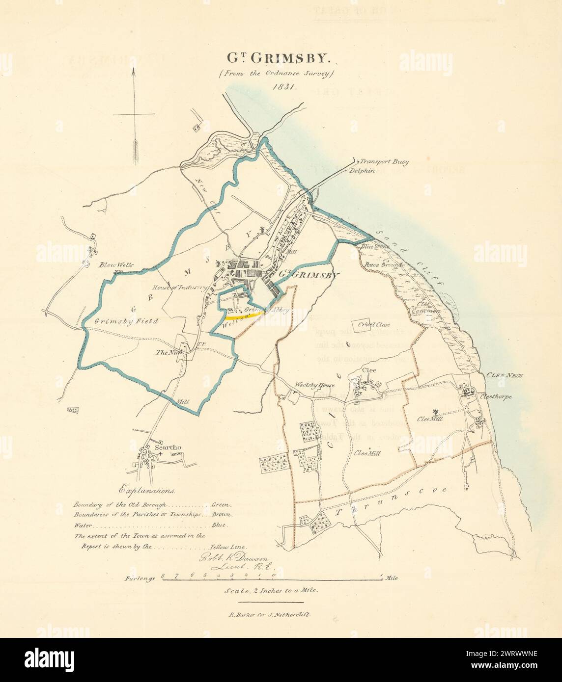GRANDE città DI GRIMSBY. ATTO DI RIFORMA. Lincolnshire. DAWSON 1832 vecchia mappa Foto Stock