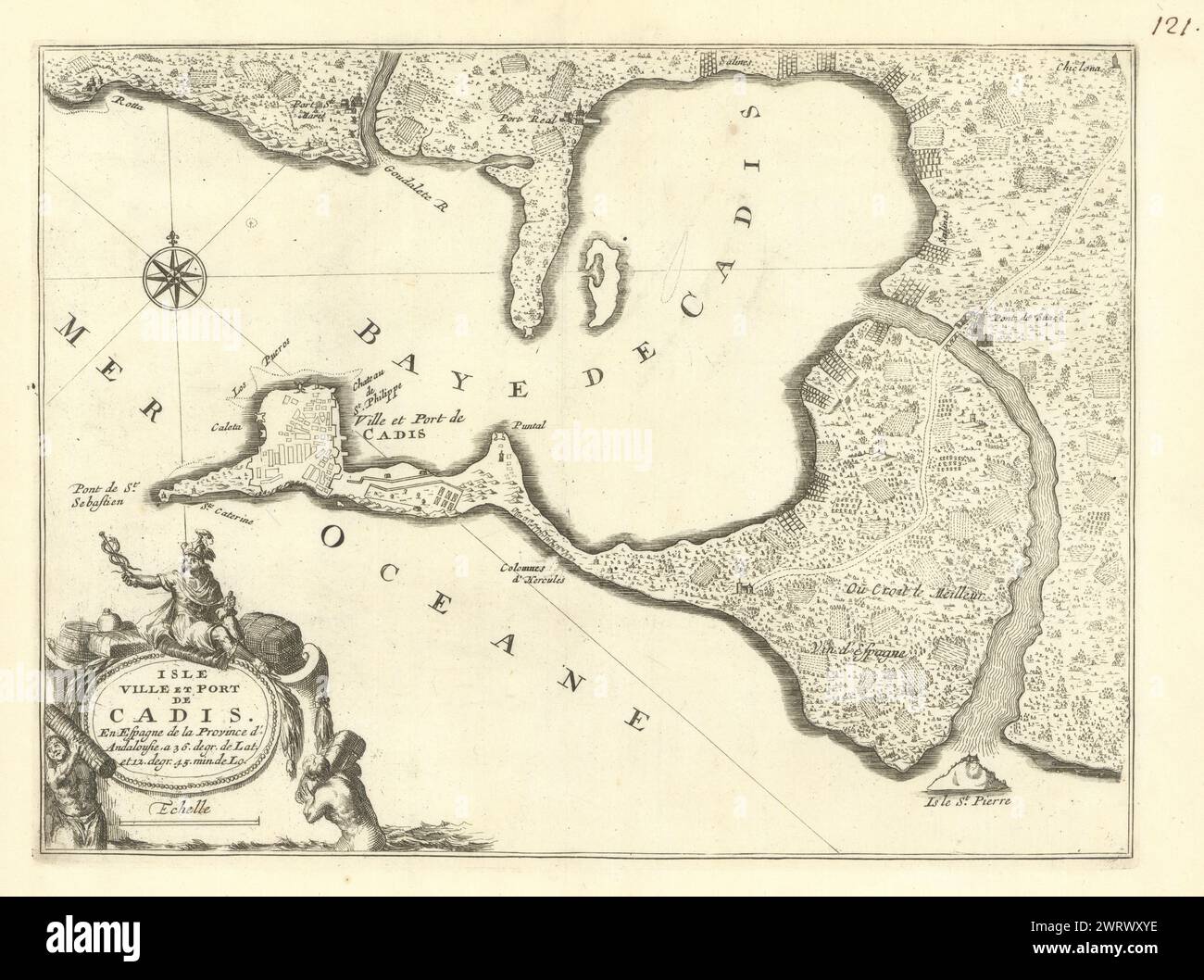 "Isle, ville et port de Cadis". Baia e città di Cadice, Spagna. DE FER c1697 mappa Foto Stock