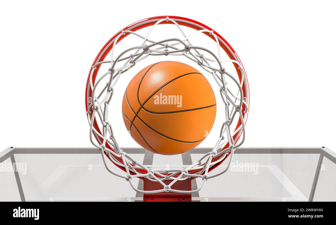 Vista dal basso di un pallacanestro che scorre attraverso una rete su uno sfondo bianco pulito. rendering 3d. Foto Stock