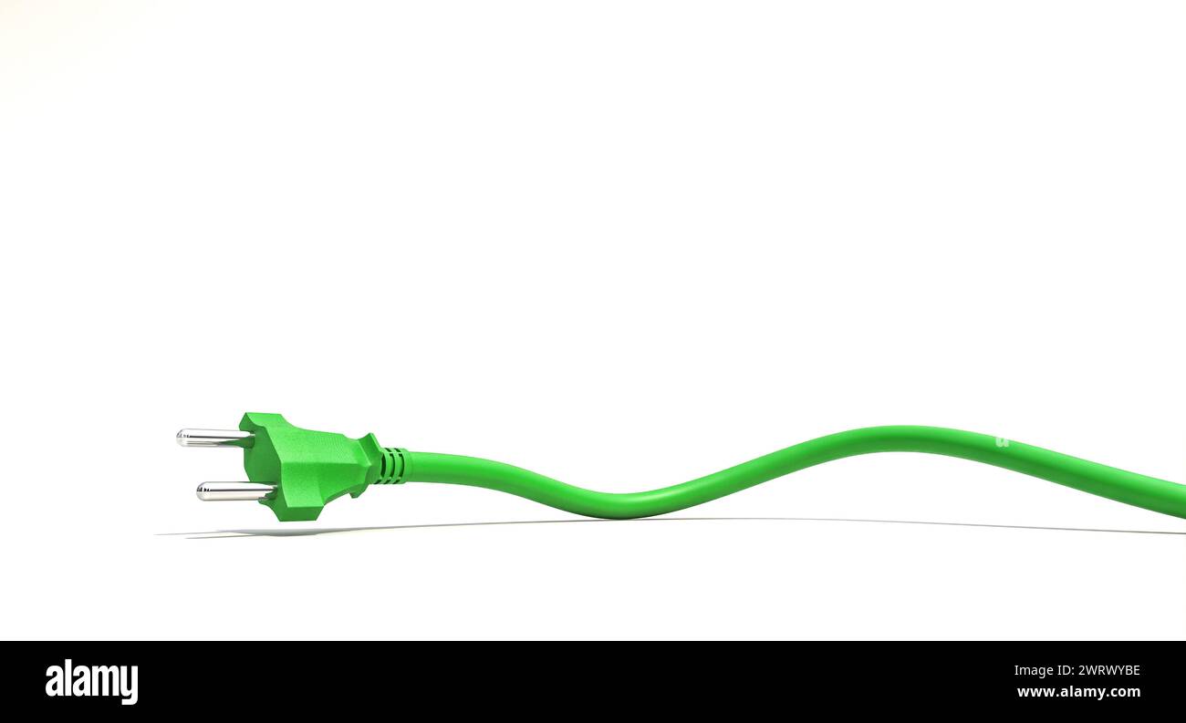 Concetto energetico ecologico con un cavo di alimentazione verde brillante, artisticamente piegato e isolato sul bianco Foto Stock