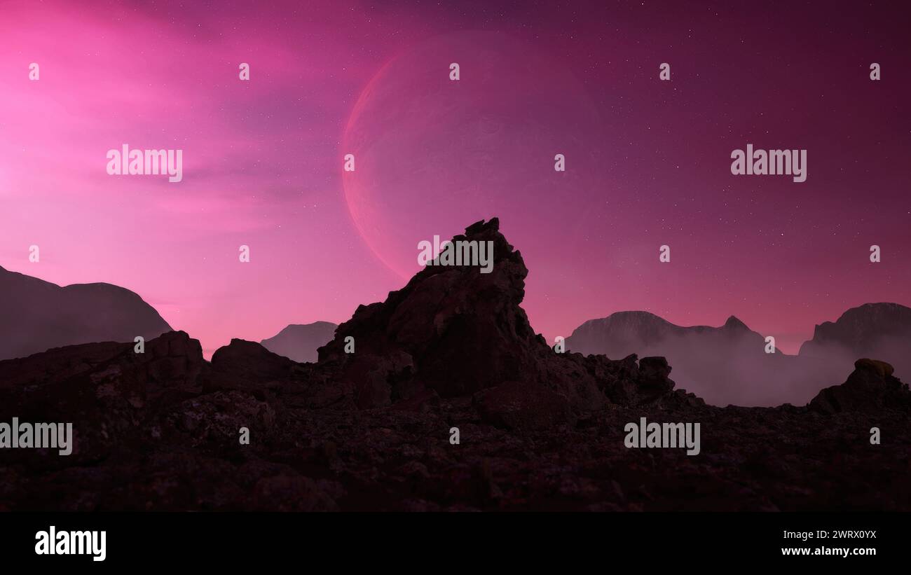 Animazione 3D con rendering di sagome di rocce con un pianeta nel cielo rosa sullo sfondo Foto Stock