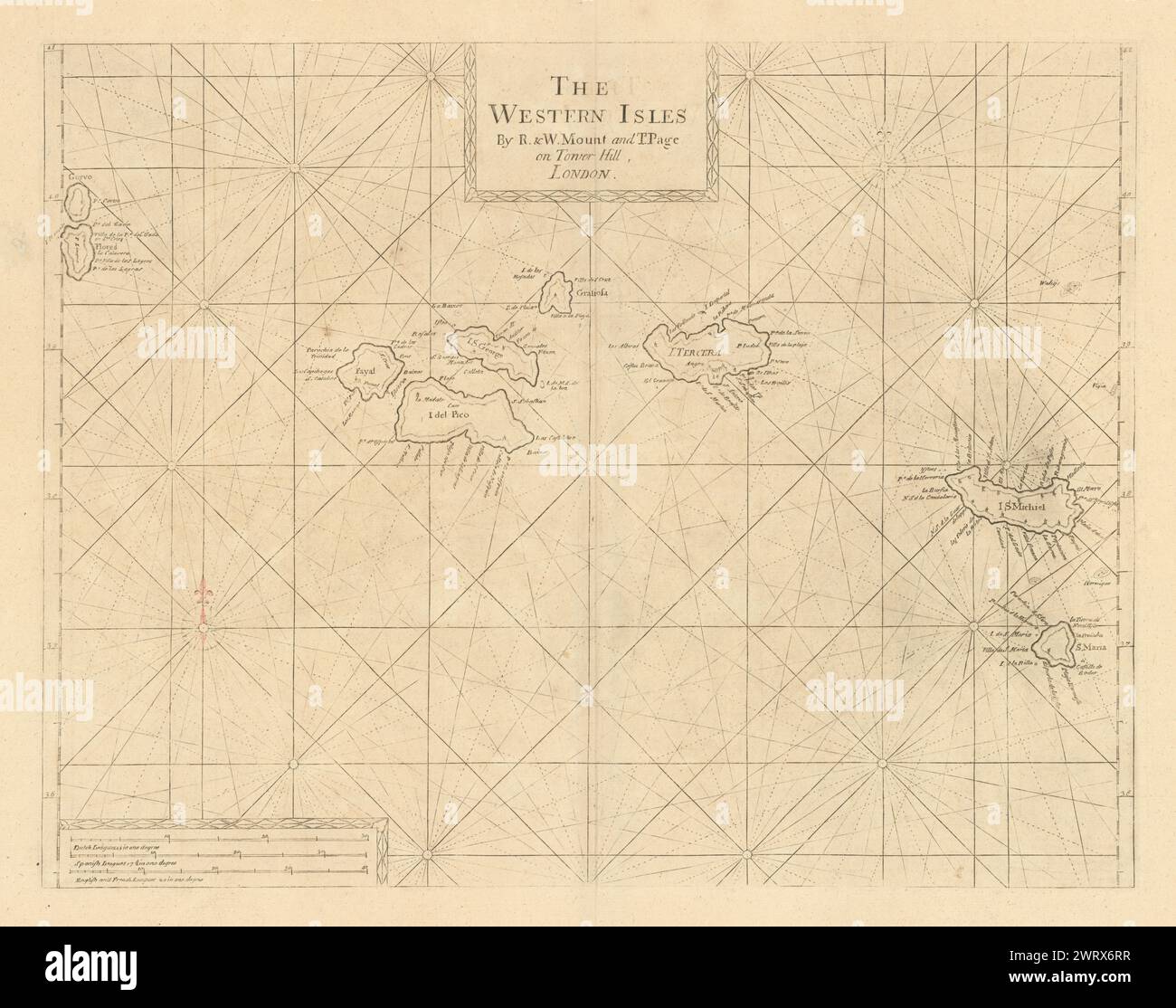 Le isole occidentali. Antica carta marittima delle Azzorre. MONTARE e PAGINA 1758 vecchia mappa Foto Stock