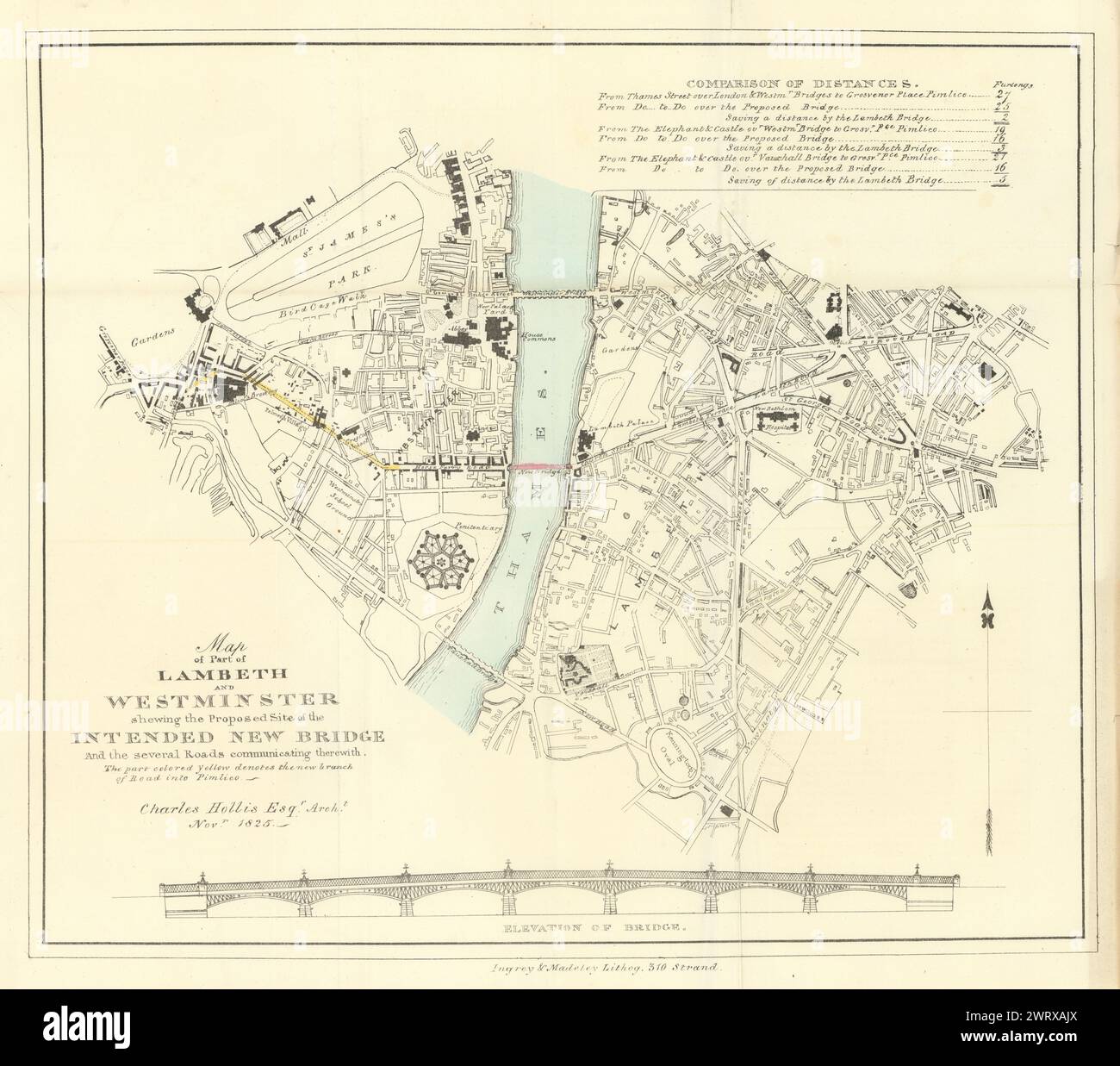 Parte di Lambeth & Westminster che sfocia il… nuovo ponte previsto. Mappa HOLLIS 1827 Foto Stock