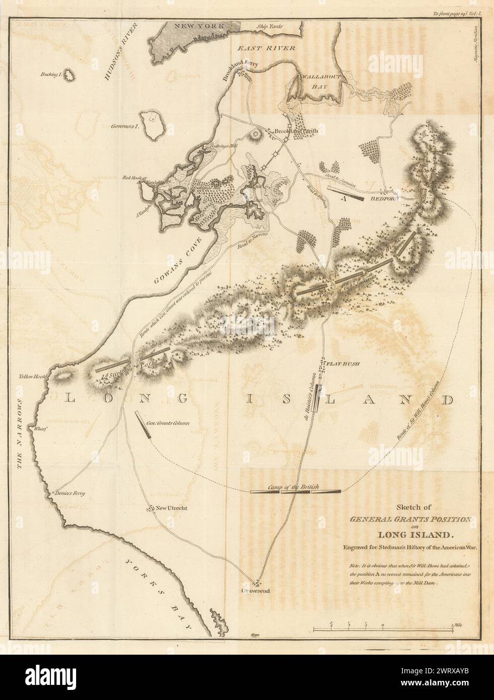 Schizzo della posizione del generale Grant a Long Island, 1776. STEDMAN 1794 vecchia mappa Foto Stock