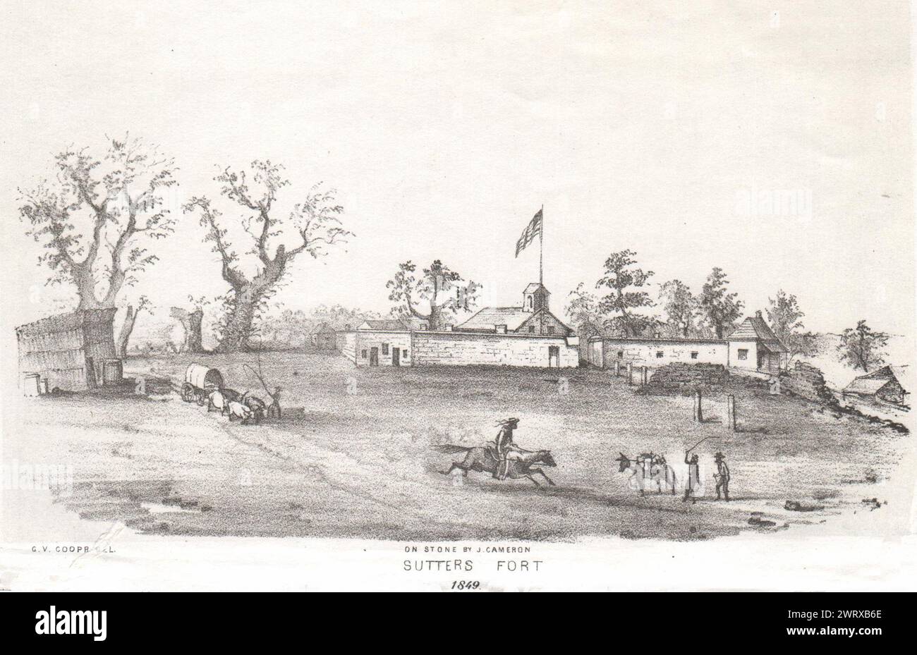 'Sutter's Fort 1849', California Gold Rush, litografia di George Cooper 1853 Foto Stock