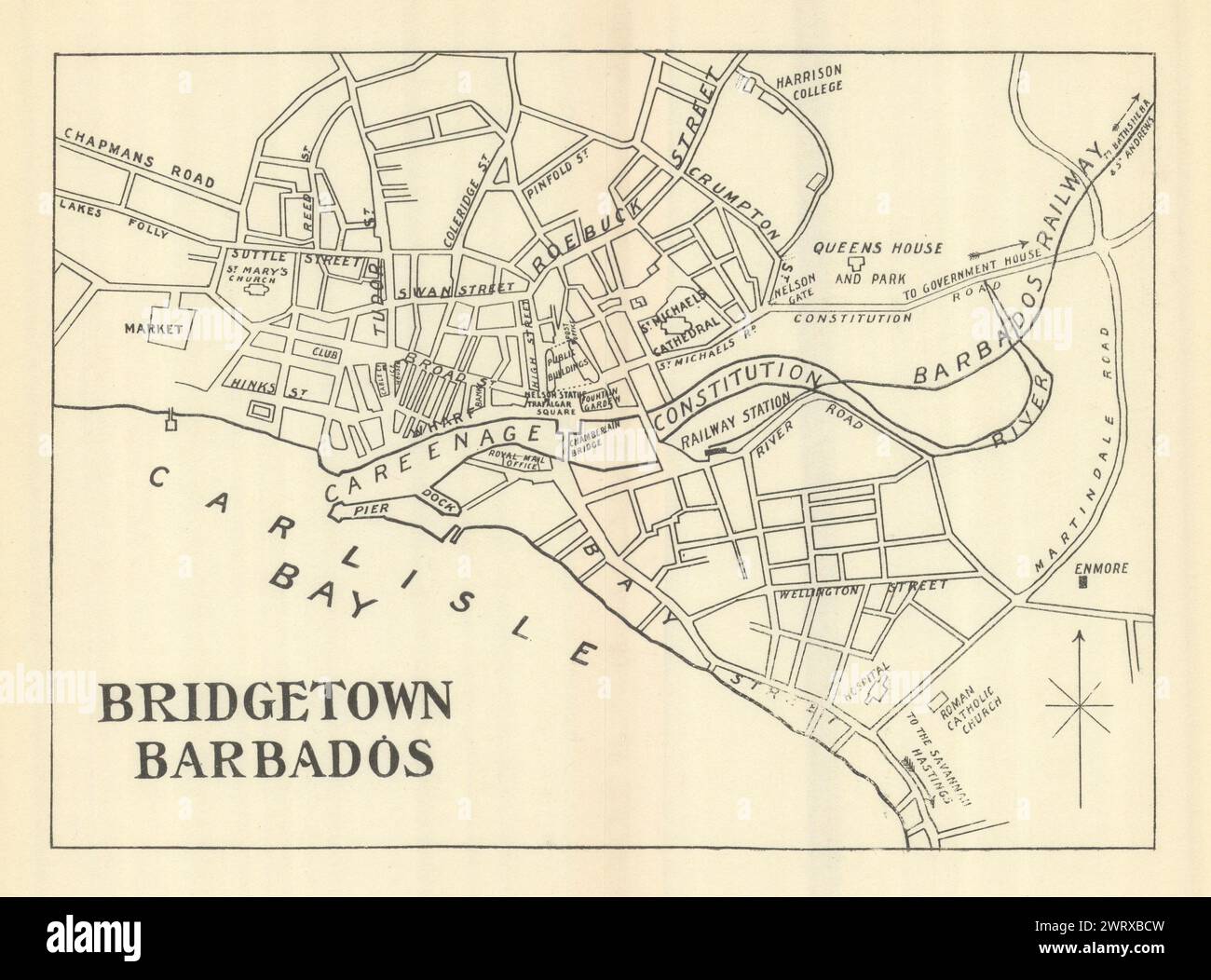 BRIDGETOWN. Mappa della città d'epoca. Barbados. Indie occidentali. Caraibi 1910 anni Foto Stock