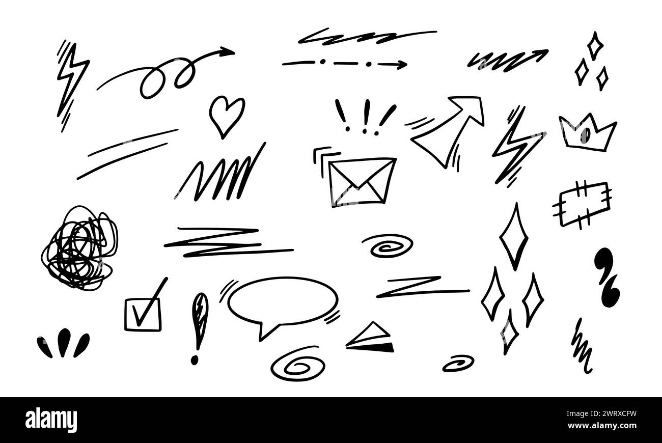 Set di diversi scarabocchi disegnati a mano . Illustrazione Vettoriale