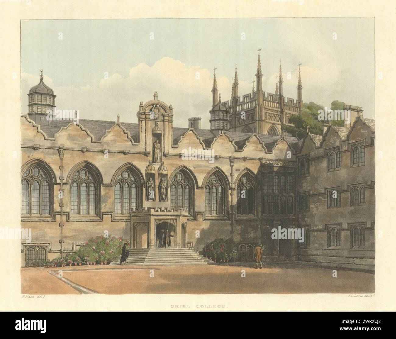 L'Oriel College. Ackermann's Oxford University, 1814, vecchia foto con stampe antiche Foto Stock