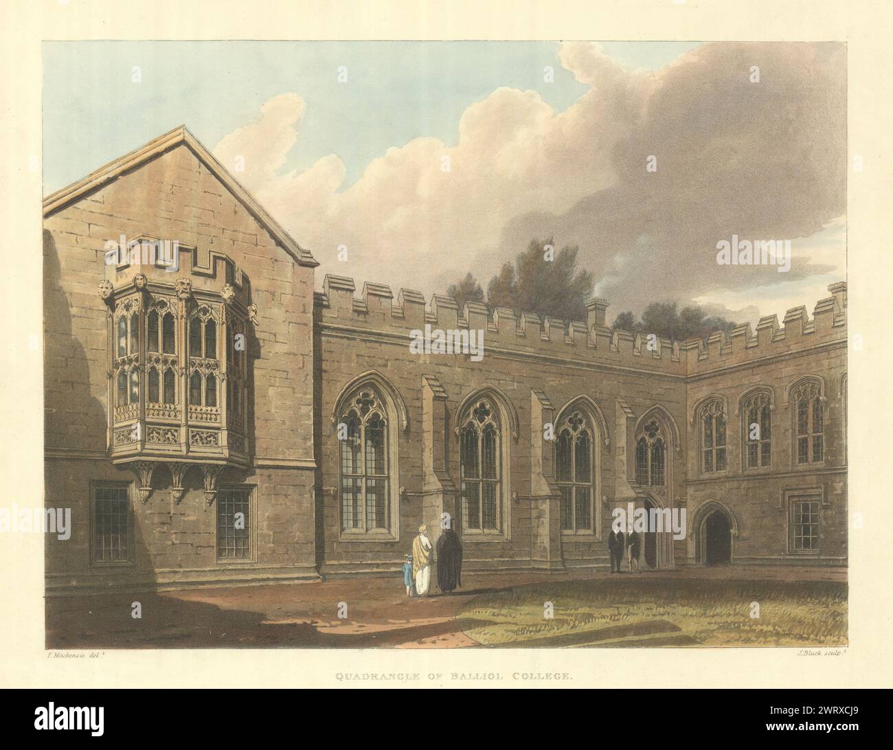 Quadrangolo del Balliol College. Ackermann's Oxford University 1814 vecchia stampa Foto Stock