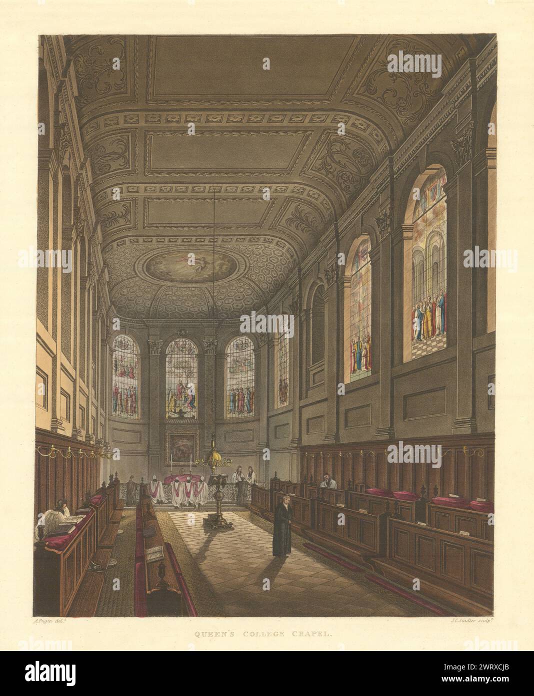 Cappella del Queen's College. Ackermann's Oxford University 1814 vecchia stampa antica Foto Stock