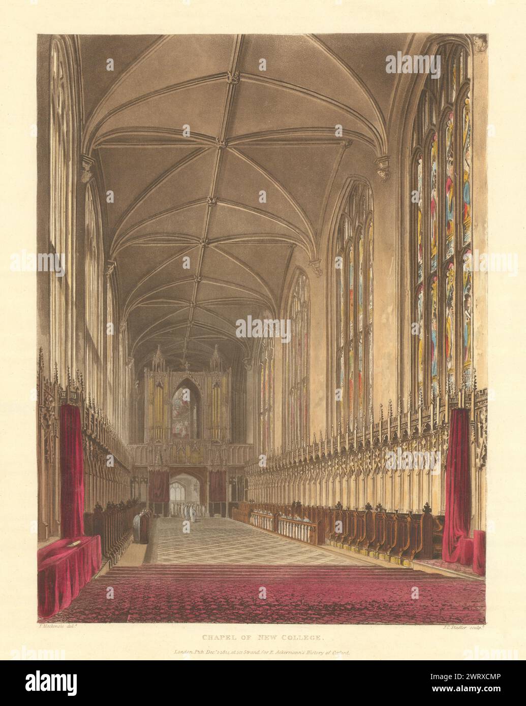 Cappella del New College. Ackermann's Oxford University 1814 vecchia stampa antica Foto Stock