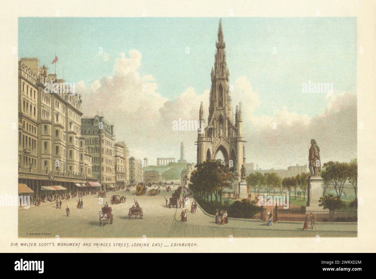 Sir Walter Scott's Monument & Princes Street, Edimburgo. Cromolitografia 1891 Foto Stock