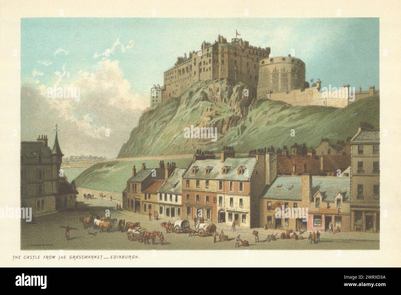 Il castello dal Grassmarket, Edimburgo. Cromolitografia antica 1891 Foto Stock
