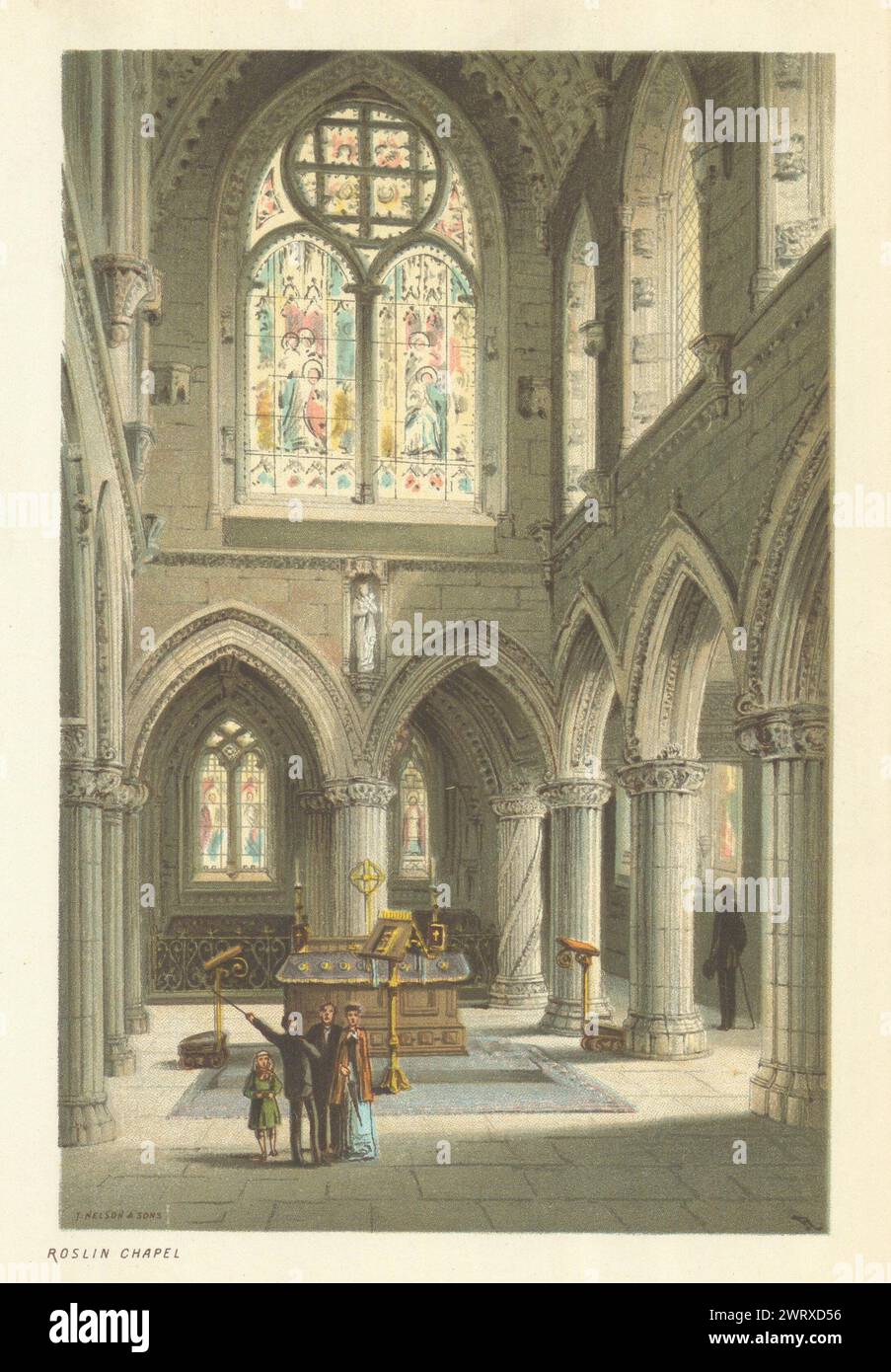 Roslin Chapel. Scozia antica cromolitografia 1891 vecchia stampa Foto Stock