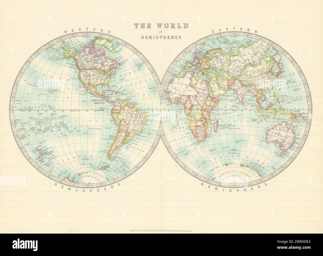MONDO IN DUE EMISFERI. Emisferi occidentali e orientali. Cartina JOHNSTON 1913 Foto Stock