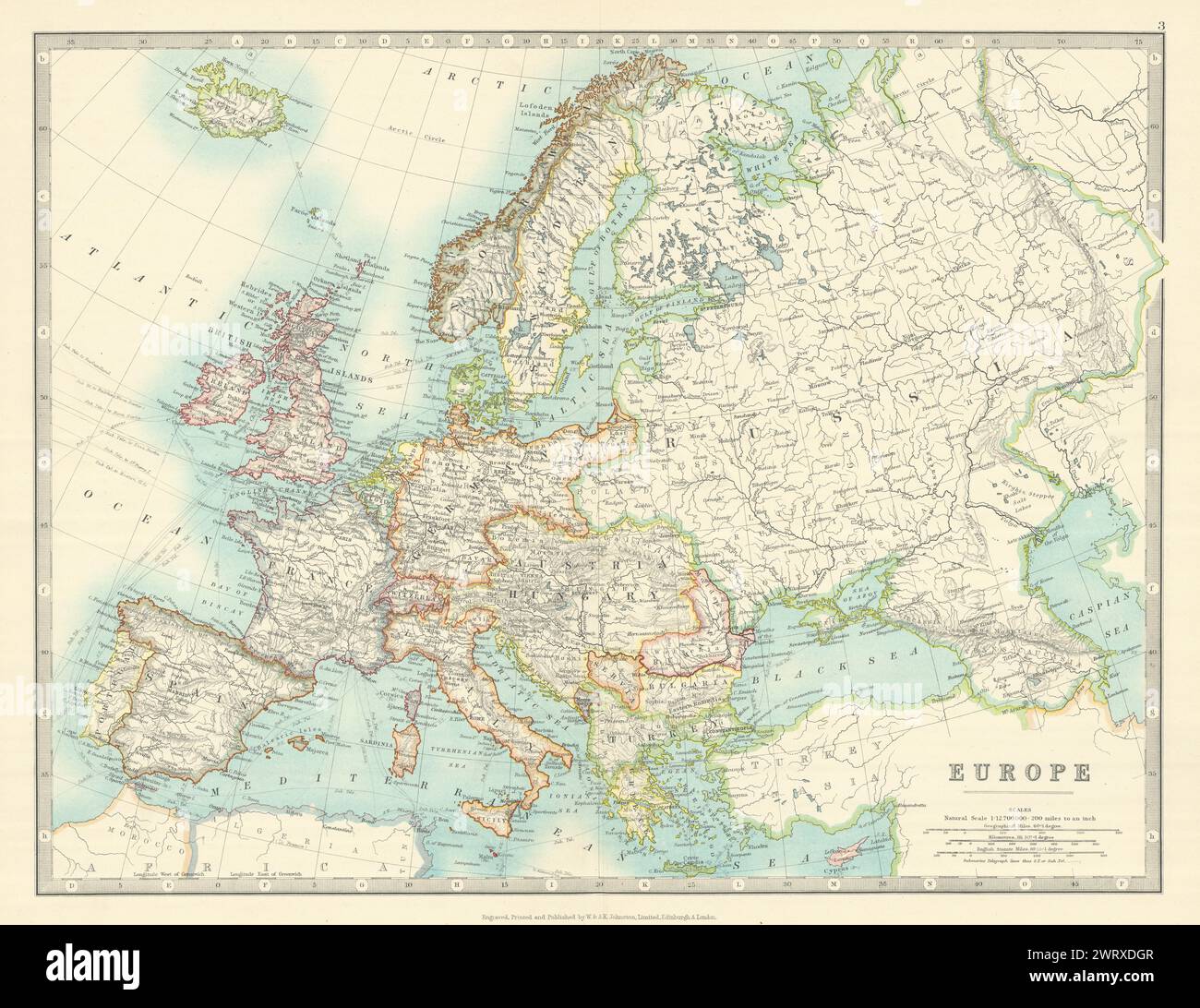 L'EUROPA ha mostrato poco prima della prima guerra mondiale. JOHNSTON 1913 vecchia mappa antica Foto Stock
