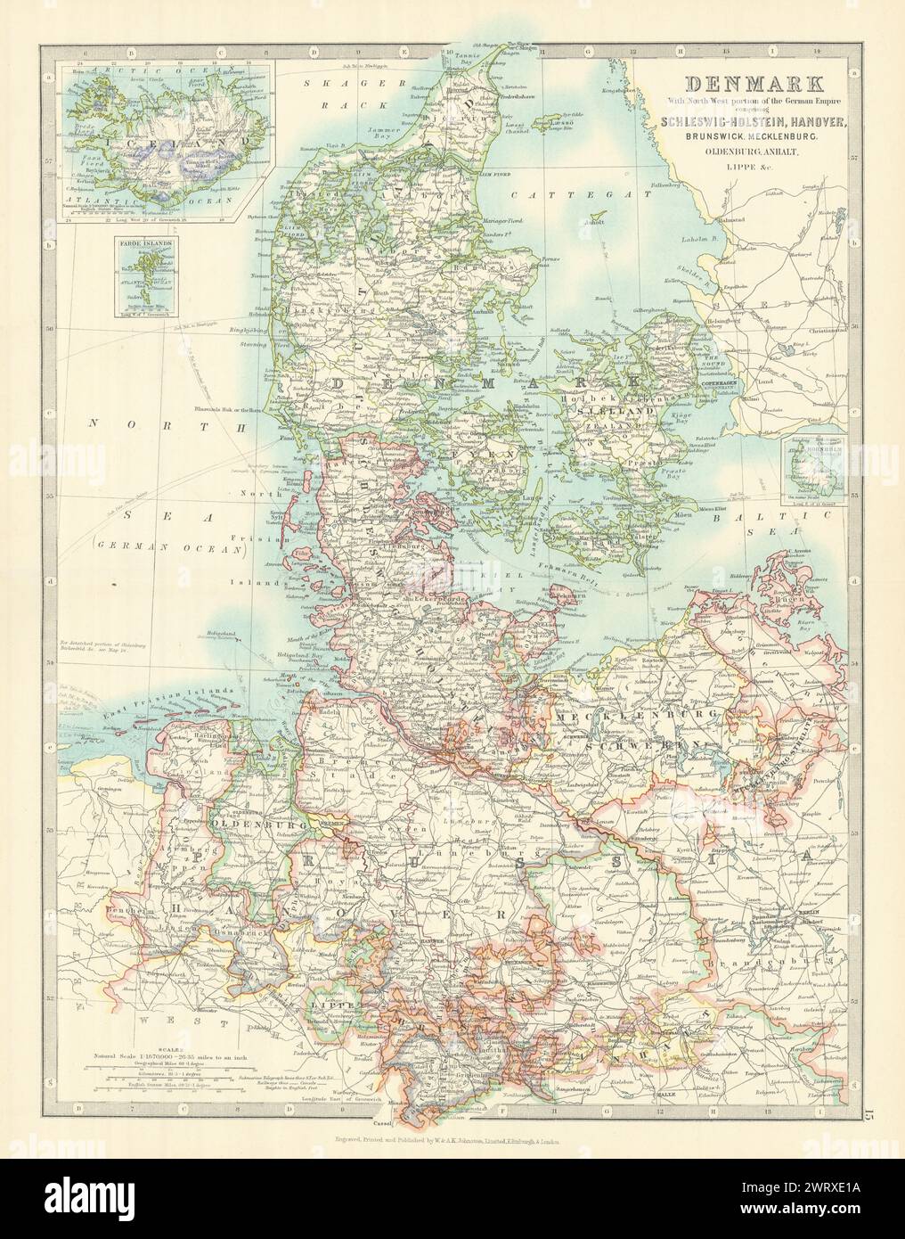 DANIMARCA E GERMANIA SETTENTRIONALE. Schleswig-Holstein Hannover. JOHNSTON 1913 vecchia mappa Foto Stock