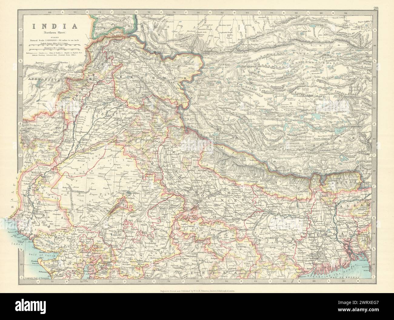 INDIA NORD-BRITANNICA con campi di battaglia e date. Nepal, Tibet. Cartina JOHNSTON 1913 Foto Stock