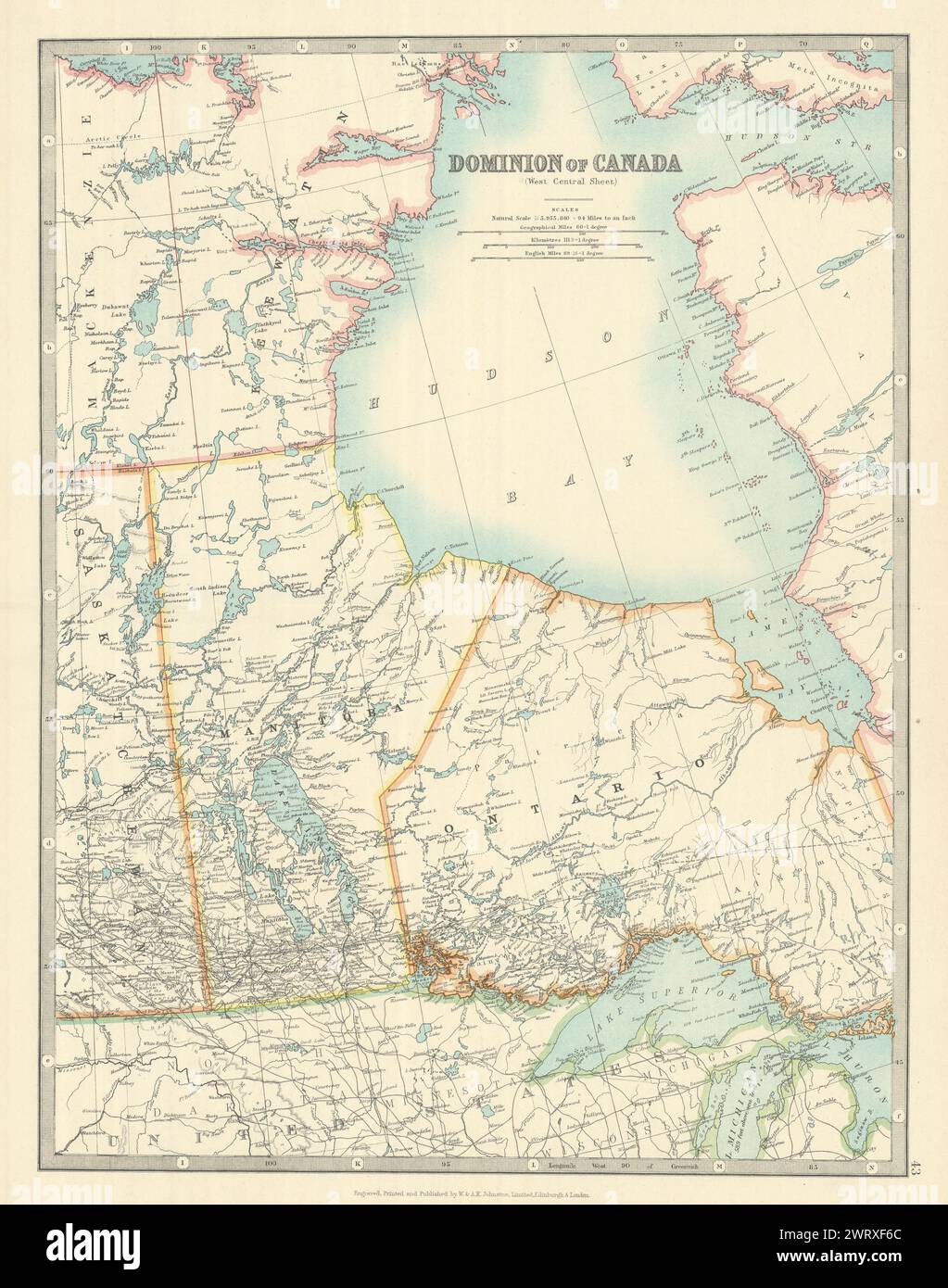 BAIA DI HUDSON E CANADA CENTRALE. Manitoba. Ontario settentrionale. JOHNSTON 1913 vecchia mappa Foto Stock