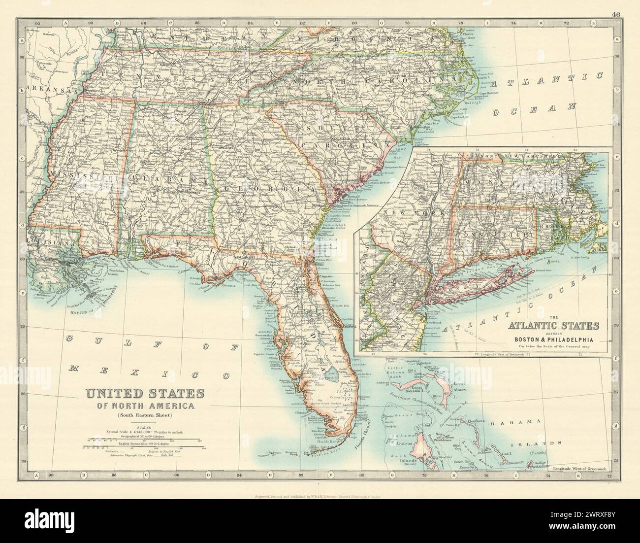 STATI UNITI, PROFONDO SUD. Florida, Georgia, Carolinas, Alabama, Tennessee. Cartina JOHNSTON 1913 Foto Stock