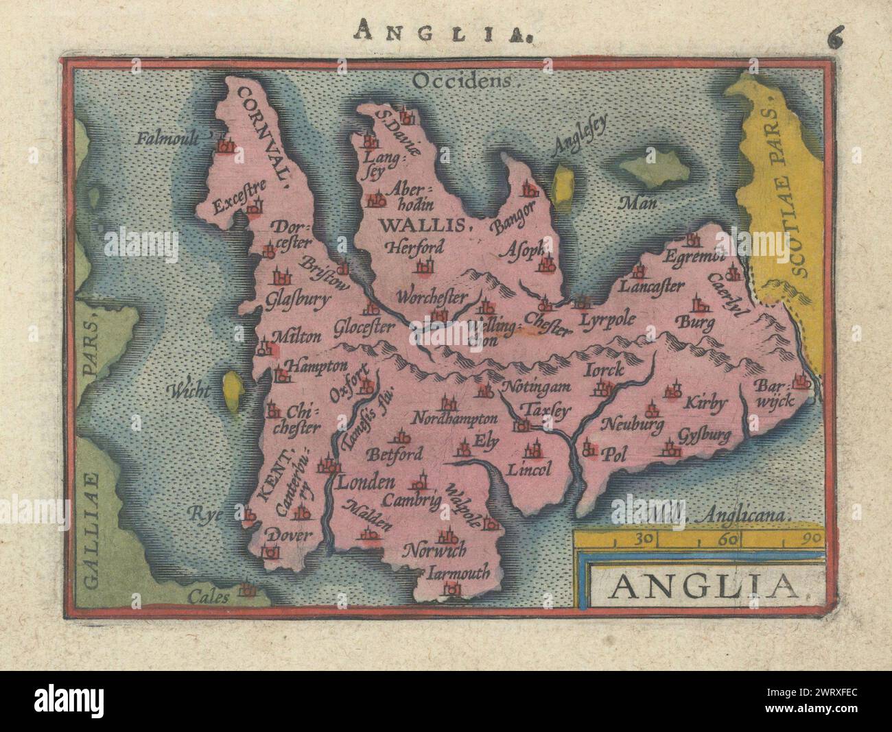 Anglia di Philip Galle. Ortelius miniature. 11x8 cm. Inghilterra e Galles 1595 mappa Foto Stock
