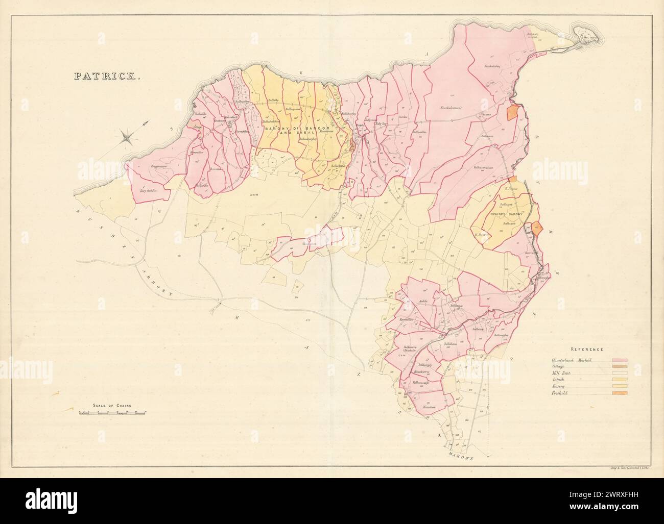 Patrick Parish, Glenfaba Sheading, Isola di Man di James Woods 1829 vecchia mappa Foto Stock