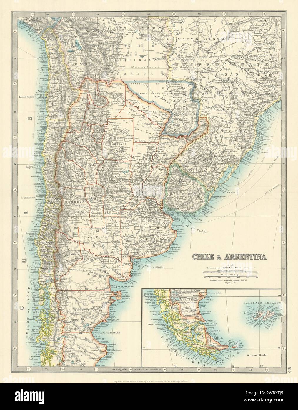 CILE E ARGENTINA. Paraguay incluso Gran Chaco. Uruguay. Cartina JOHNSTON 1913 Foto Stock