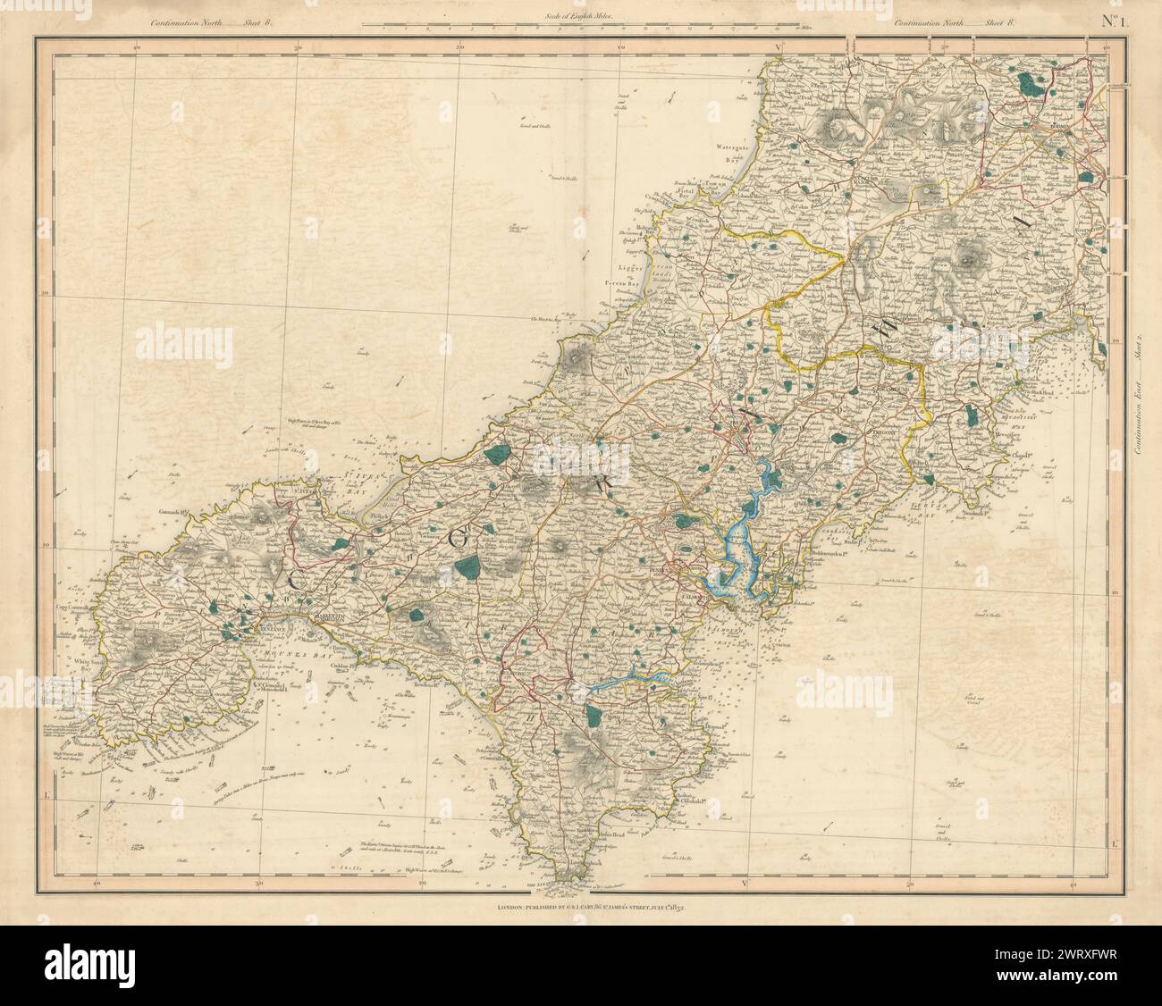 CORNOVAGLIA OCCIDENTALE. Land's End Lizard Pencon Roseland St Agnes St Ives CARY 1832 mappa Foto Stock