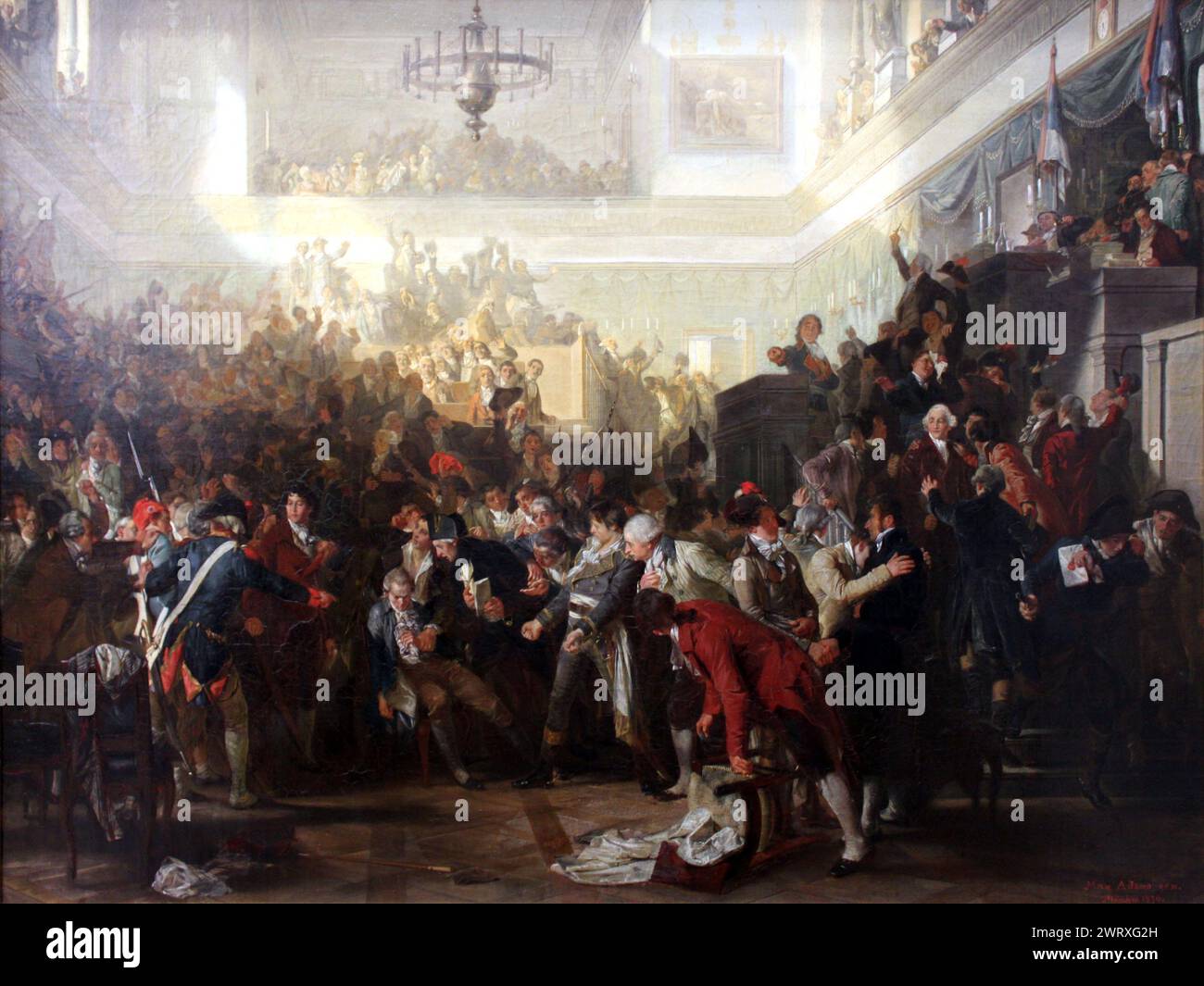 La caduta di Robespierre nella convenzione, la pittura di Max Adamo, il colpo di Stato del 9 Thermidor o la caduta di Maximilien Robespierre è la serie di eventi che iniziano con l'intervento di Maximilien Robespierre alla convenzione nazionale dell'8 Thermidor anno II (26 luglio 1794), Foto Stock
