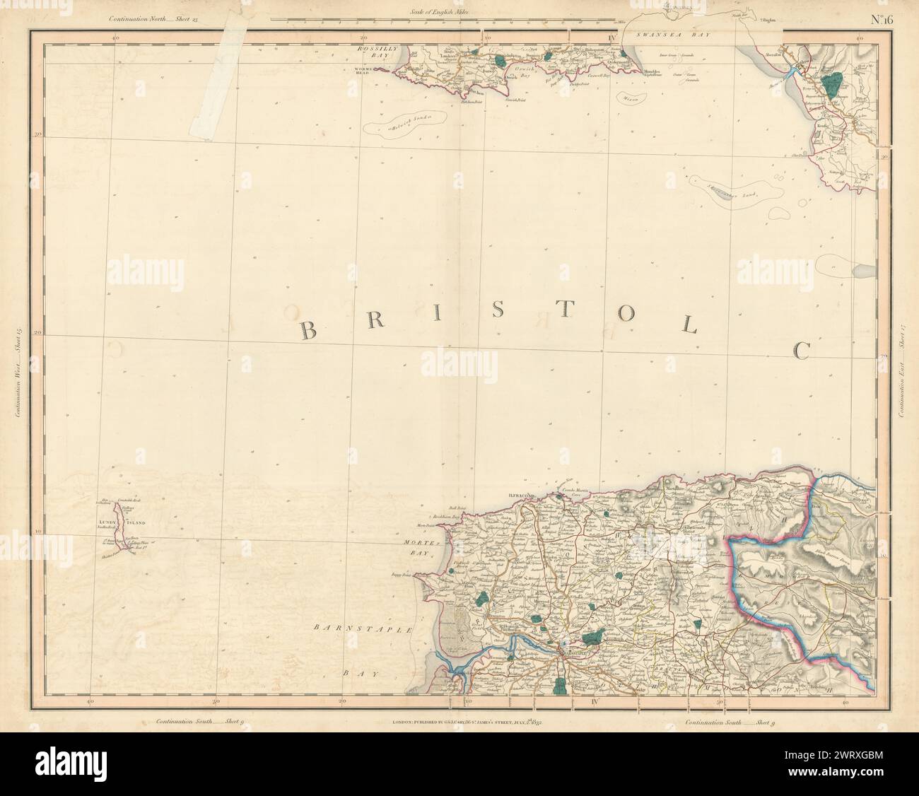 BRISTOL CANALE, GOWER & NORTH DEVON COSTE. Mappa di Exmoor & Lundy Island CARY 1832 Foto Stock