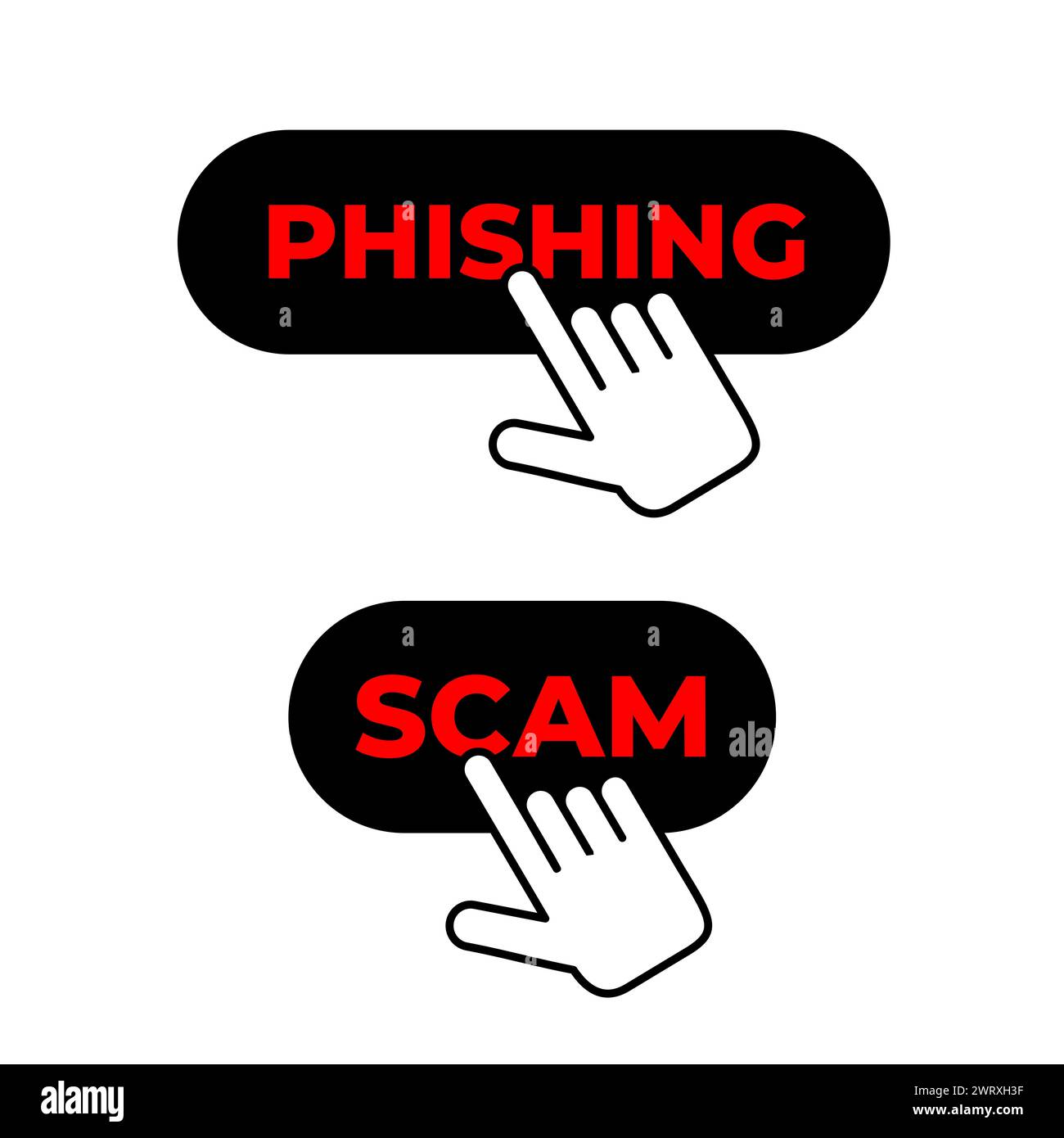Il cursore fa clic sul pulsante con il testo phishing e truffa. Pericolo e minaccia di collegamento dannoso nel cyber spazio e in Internet. Illustrazione vettoriale iso Foto Stock