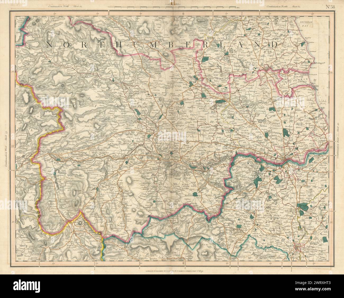 NORTUMBERLAND MERIDIONALE. North County Durham. Newcastle-upon-Tyne. Mappa CARY 1832 Foto Stock