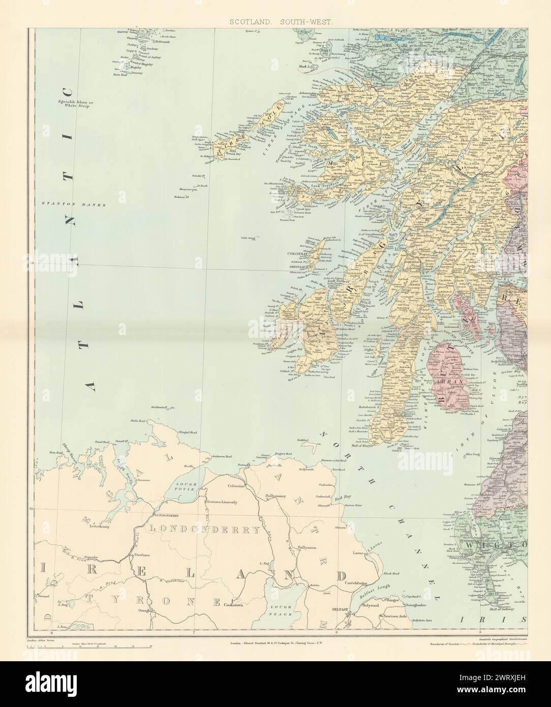 Scotland S.W. Argyll Islay Jura Kintyre Mull Tiree. 61 x 50 cm. STANFORD 1896 mappa Foto Stock