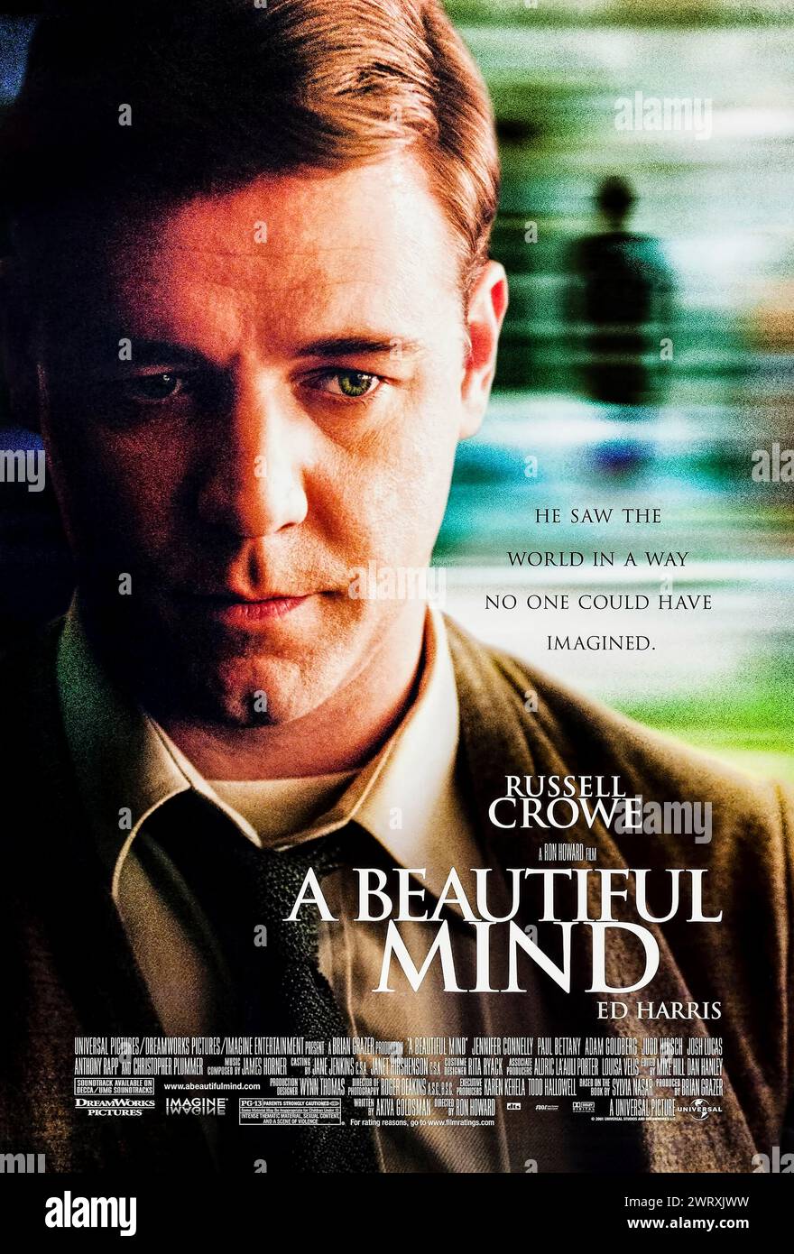 A Beautiful Mind (2001) diretto da Ron Howard e interpretato da Russell Crowe, ed Harris e Jennifer Connelly. Biopic sul genio matematico John Nash che accetta il lavoro segreto in crittografia, ma quando viene a conoscenza di una cospirazione più grande, inizia a mettere in discussione la propria realtà. Fotografia di un poster originale da 2001 US a un foglio. ***SOLO PER USO EDITORIALE*** credito: BFA / Universal Pictures Foto Stock