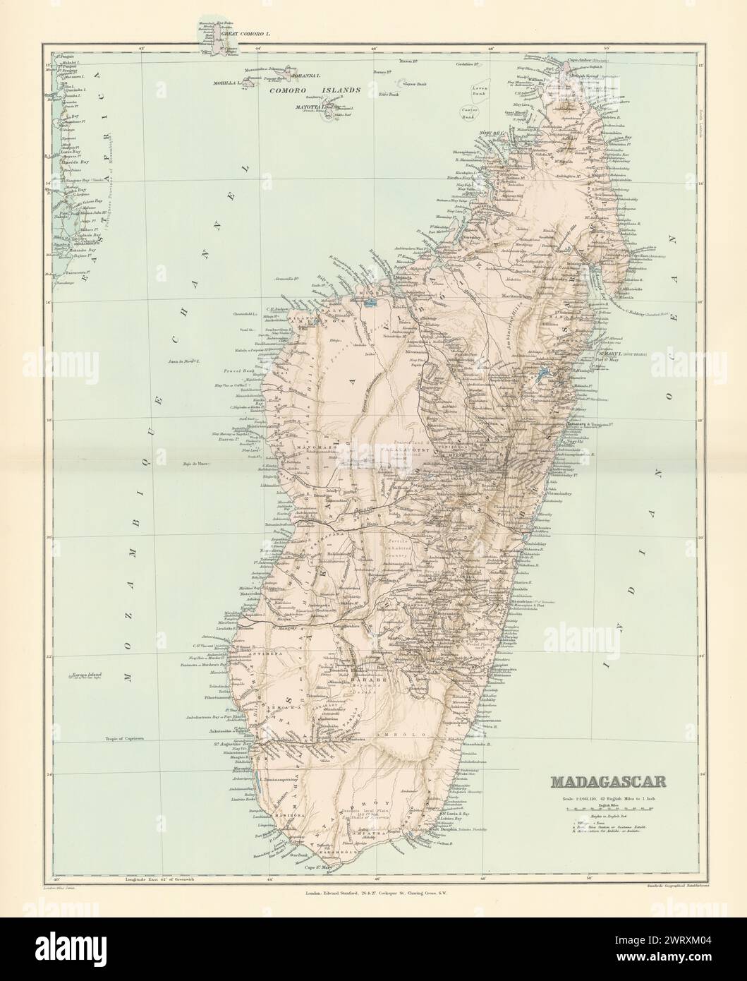 Madagascar, Comore e Mayotte. Costa del Mozambico. 50x64cm STANFORD 1896 vecchia mappa Foto Stock