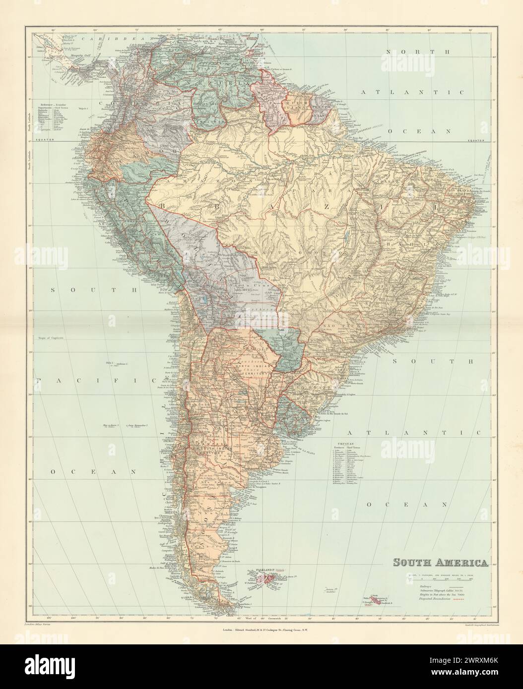 Sud America. Grande 64x51 cm. STANFORD 1896 vecchia mappa d'epoca d'epoca Foto Stock