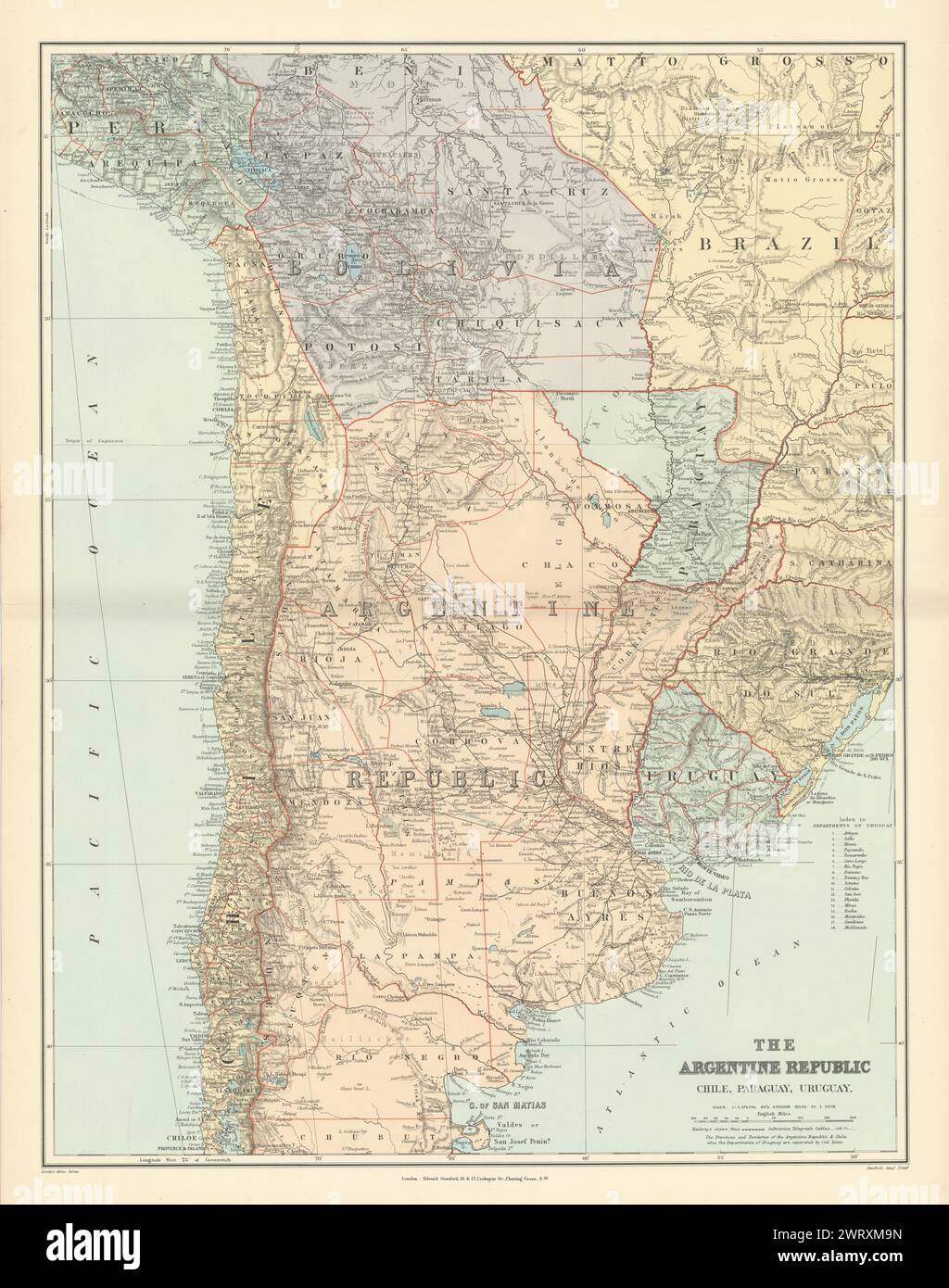 Repubblica Argentina, Cile, Paraguay e Uruguay. Sud America. STANFORD 1896 mappa Foto Stock