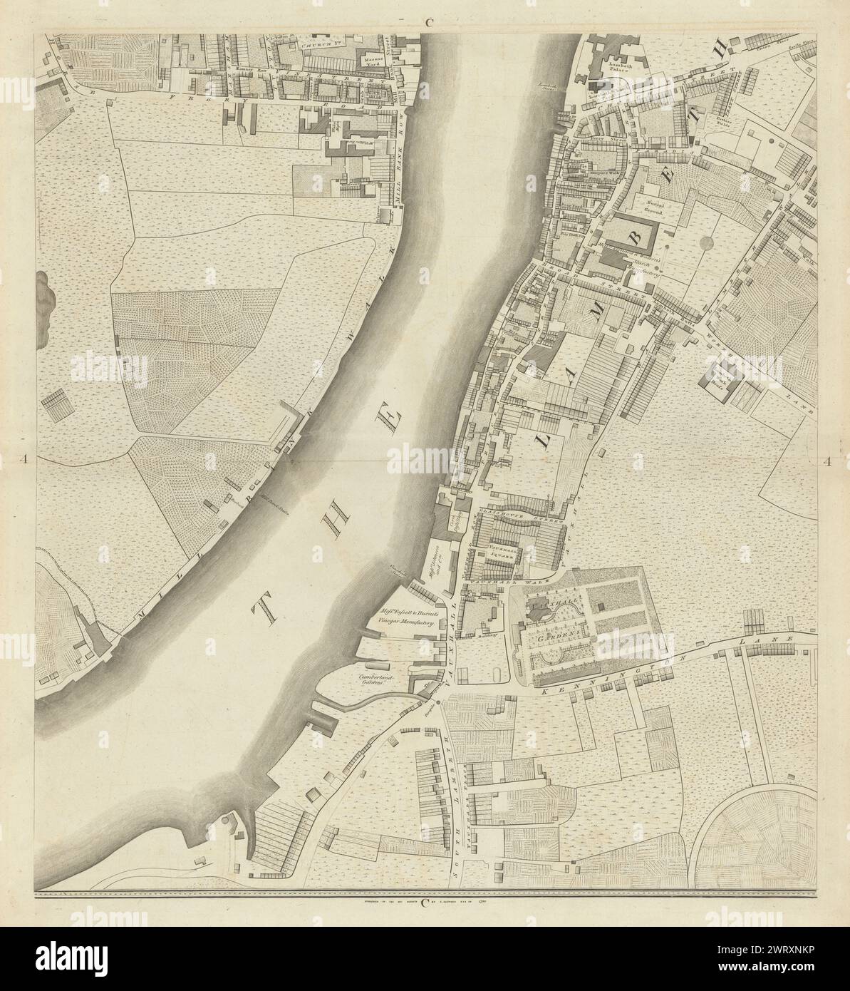 Horwood London C4 Westminster Millbank Vauxhall Lambeth Oval 1799 vecchia mappa Foto Stock