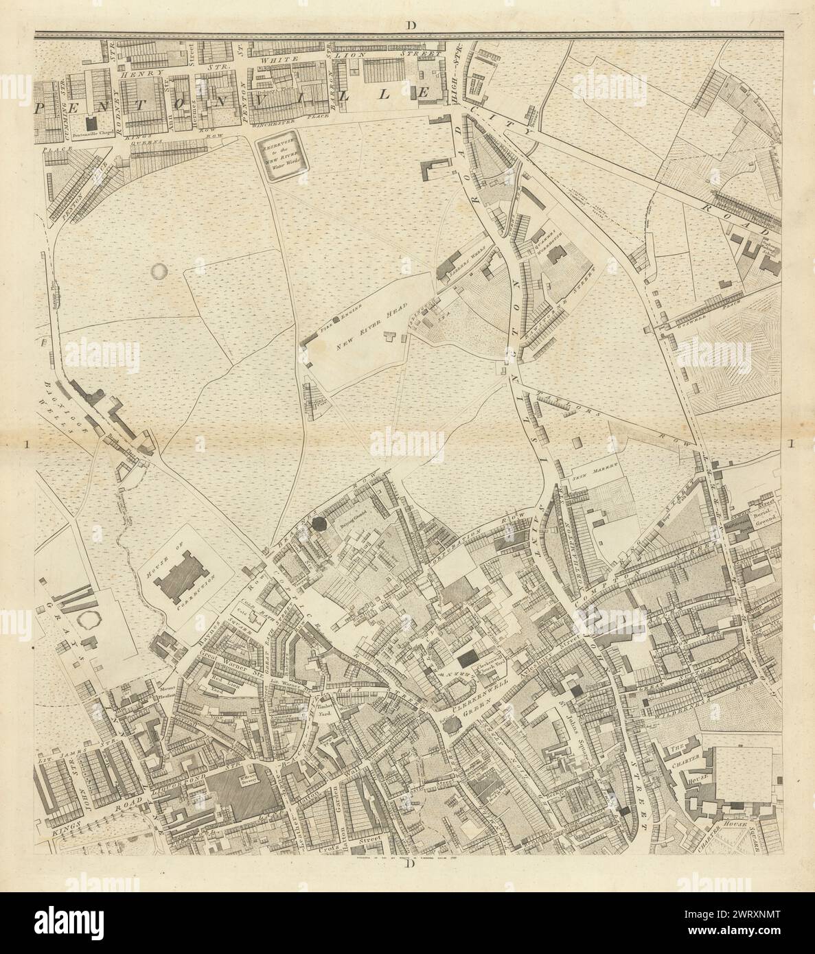 Horwood London D1 Clerkenwell Pentonville Gray's Inn City Road 1799 vecchia mappa Foto Stock