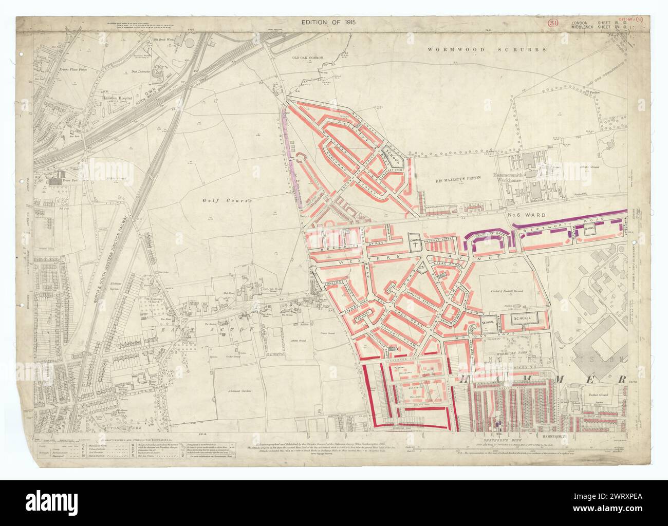 LSE POVERTY OS PROOF MAP Wormwood Scrubs - East Acton - Hammersmith 1928 Foto Stock