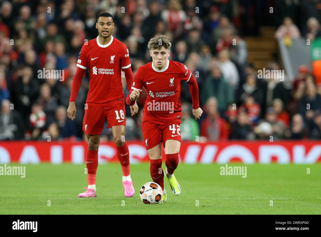 Liverpool, Regno Unito. 14 marzo 2024. Bobby Clark di Liverpool in azione. UEFA Europa League, turno di 16, partita di 2a tappa, Liverpool contro Sparta Praga ad Anfield a Liverpool giovedì 14 marzo 2024. Questa immagine può essere utilizzata solo per scopi editoriali. Solo per uso editoriale. foto di Chris Stading/Andrew Orchard fotografia sportiva/Alamy Live News crediti: Andrew Orchard fotografia sportiva/Alamy Live News Foto Stock