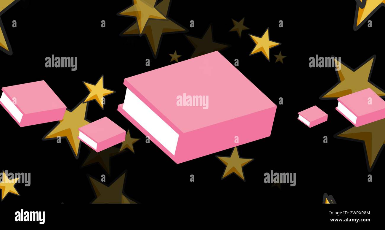 Immagine di stelle luminose su libri rosa su sfondo nero Foto Stock