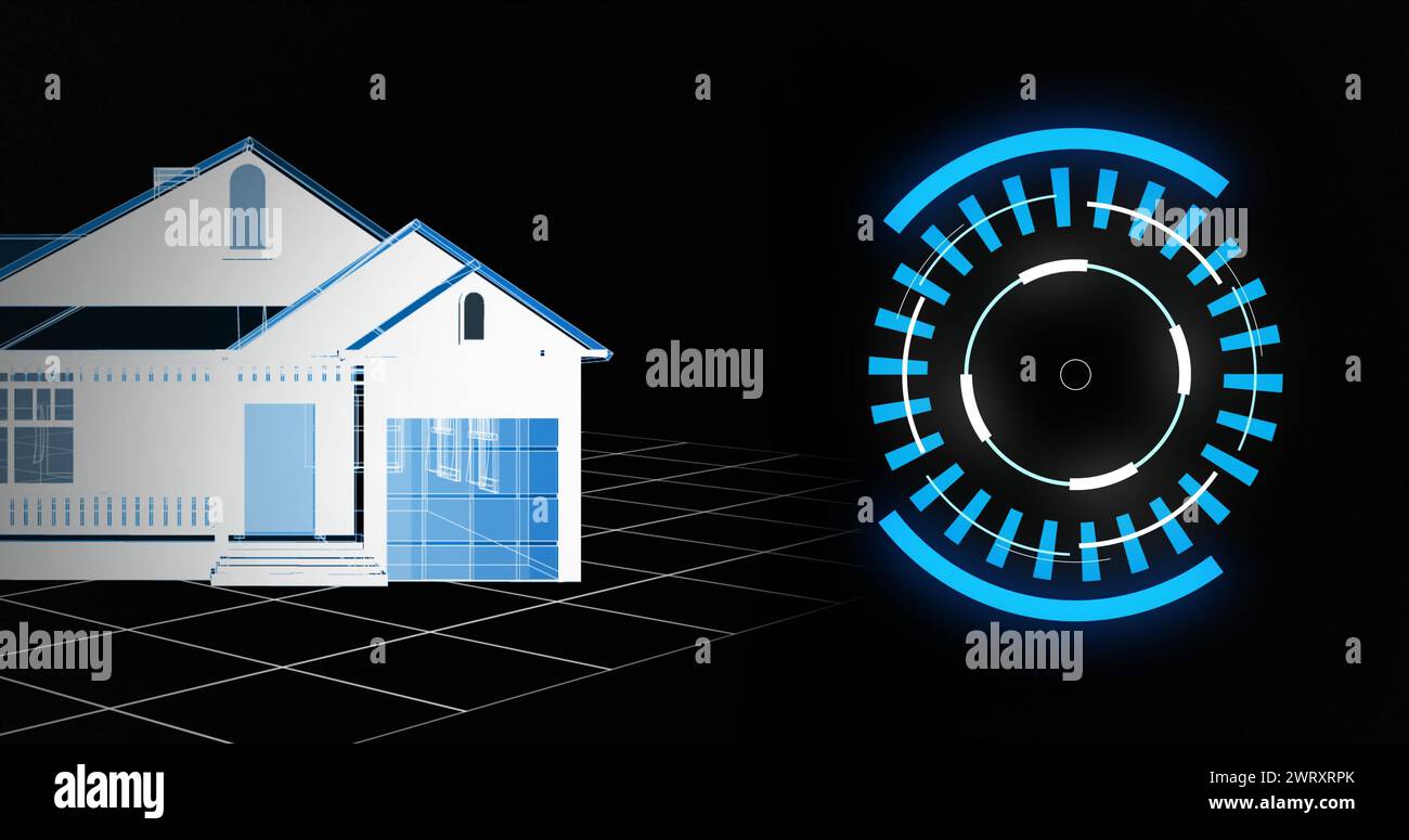 Immagine del disegno di una casa in architettura 3d con scansione dell'ambito ed elaborazione dei dati Foto Stock