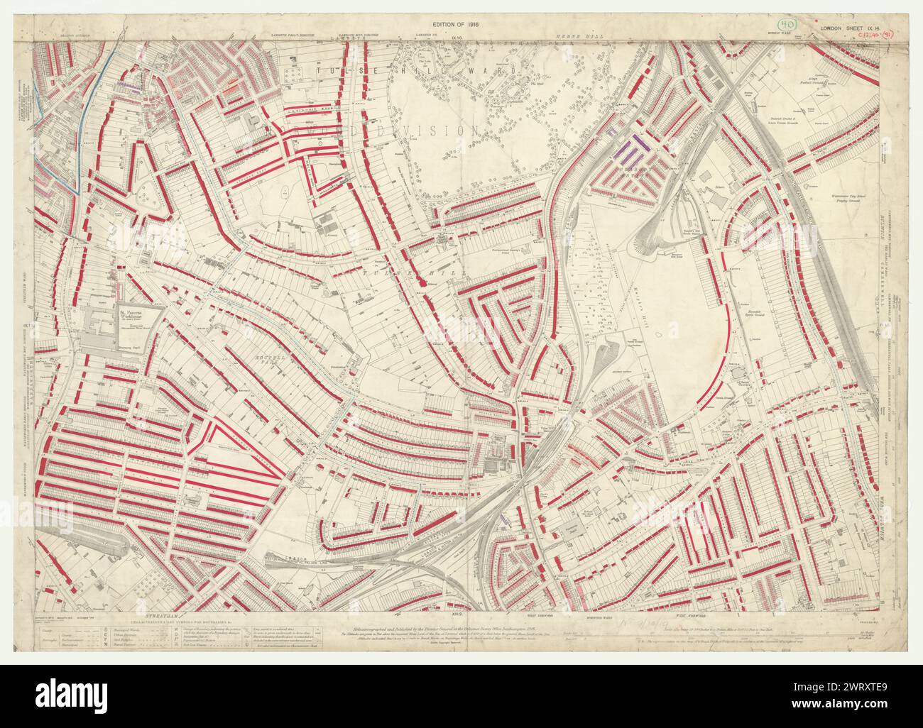 LSE POVERTY OS PROOF MAP Tulse Hill - Streatham Hill - West Dulwich 1928 Foto Stock