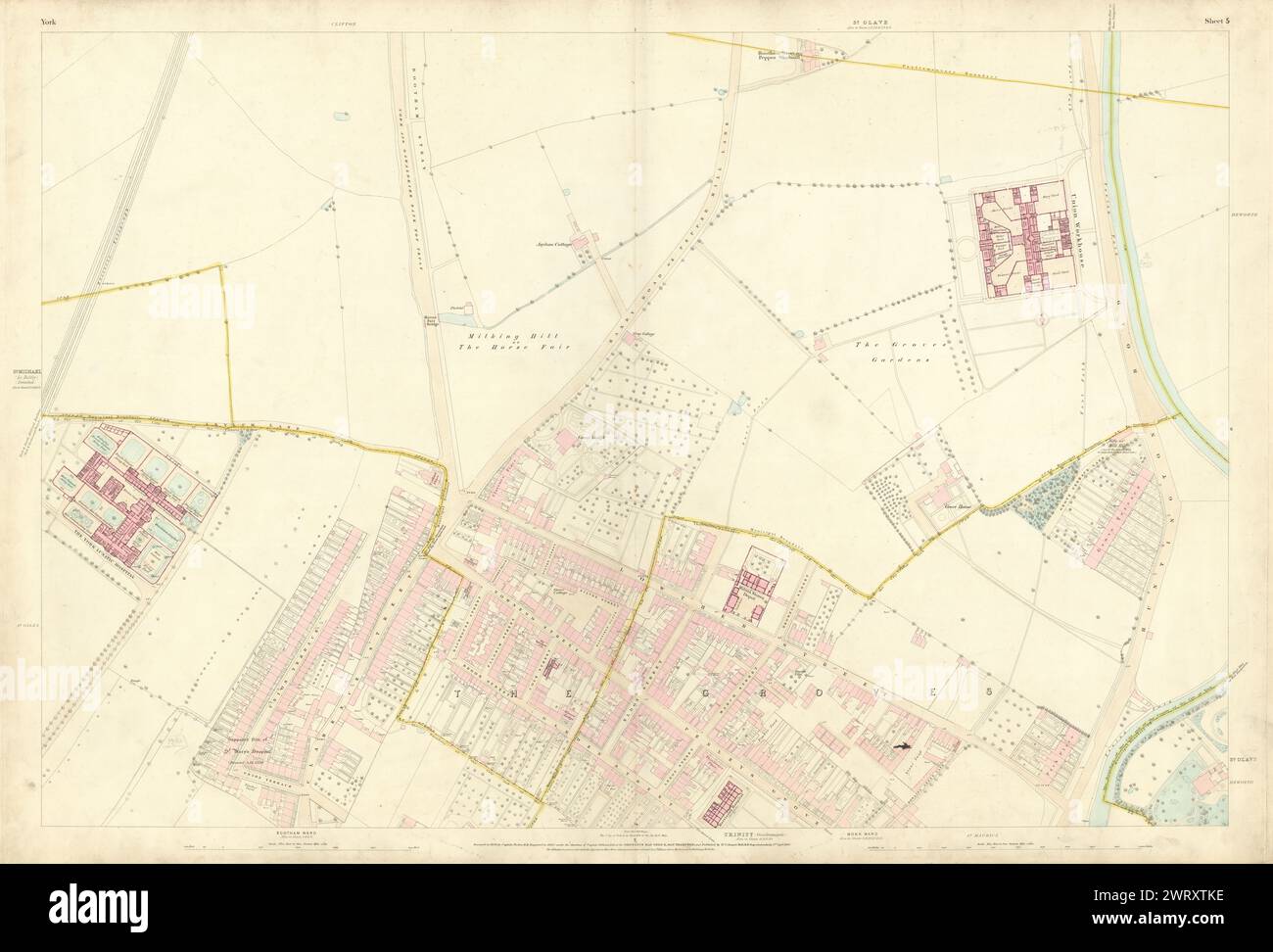 City of York #5 Groves Bootham Park Hospital St John è Heworth. Mappa OS 1852 Foto Stock